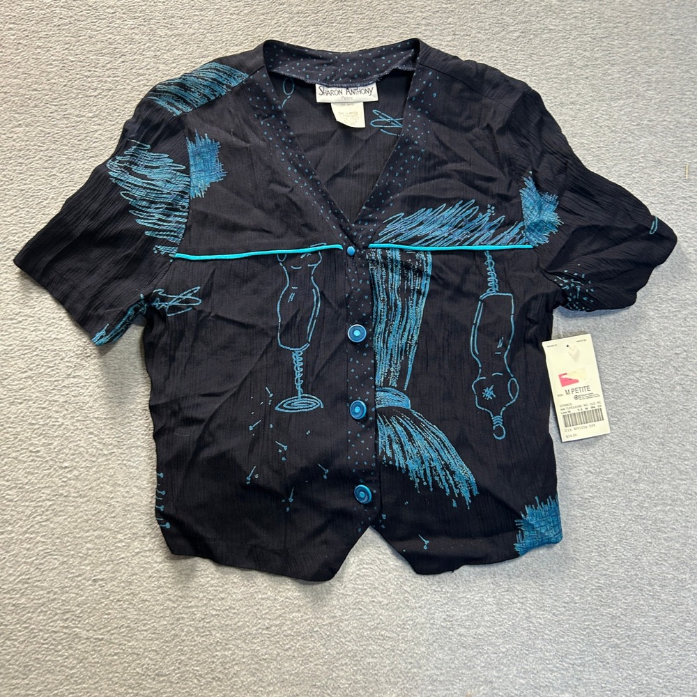 Sharon Anthony Button Front Printed Blouse Top Womens Petite M Navy Blue Rayon